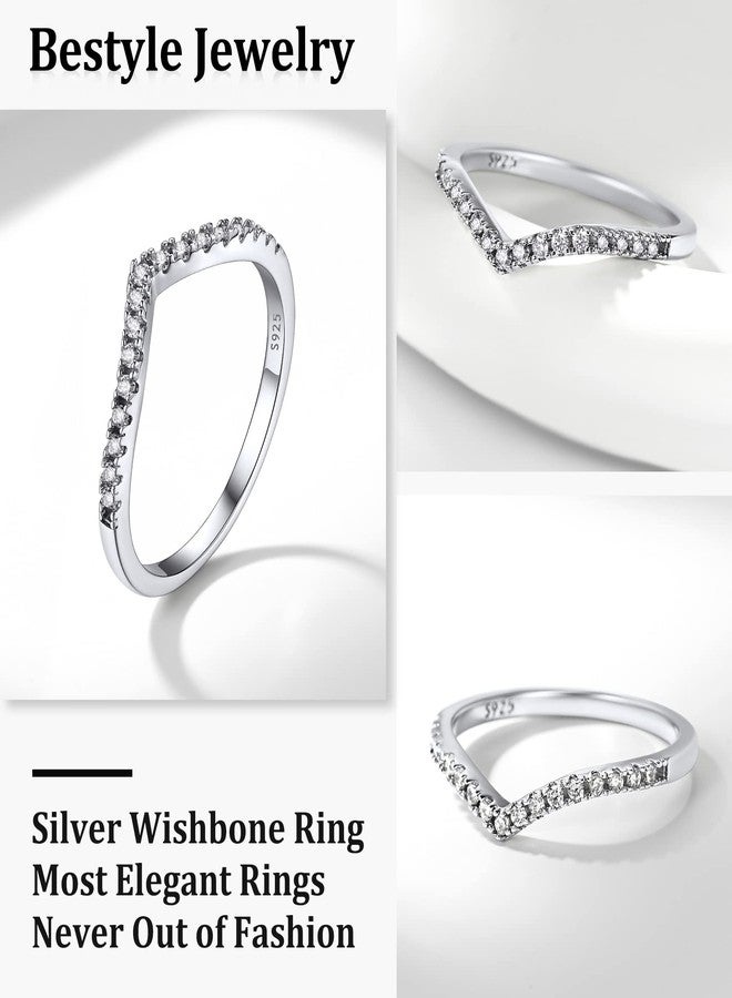 Bestyle Sterling Silver Pointed Chevron CZ Wishbone Ring Classical Simple Plain Love Statement Promise Engagement Wedding Ring Eternity Infinity V Shape Bands Stack Ring, Size 6 - Image 2